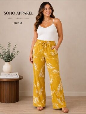 SOHO APPAREL Vibrant Yellow Pants with Leaf Design casual summer /size M